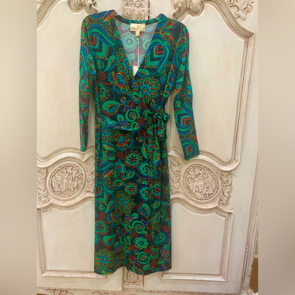Flora Bea NYC Elegant Green Paisley Wrap Maxi Dress